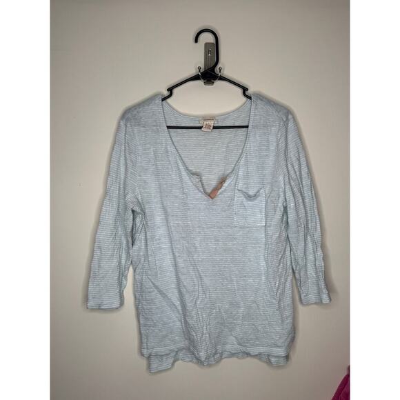 Sundance Blue White Striped 3/4 Sleeve Blouse Linen Cotton Blend Large - Picture 1 of 4